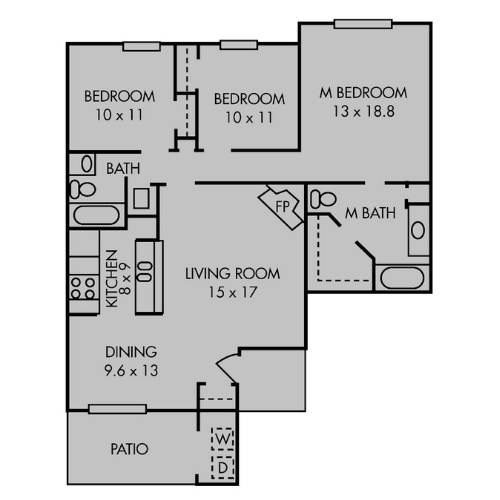 3 bed, 2 bath C Floor plan