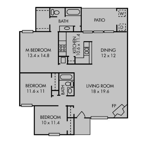 3 bed, 2 bath D Floor plan