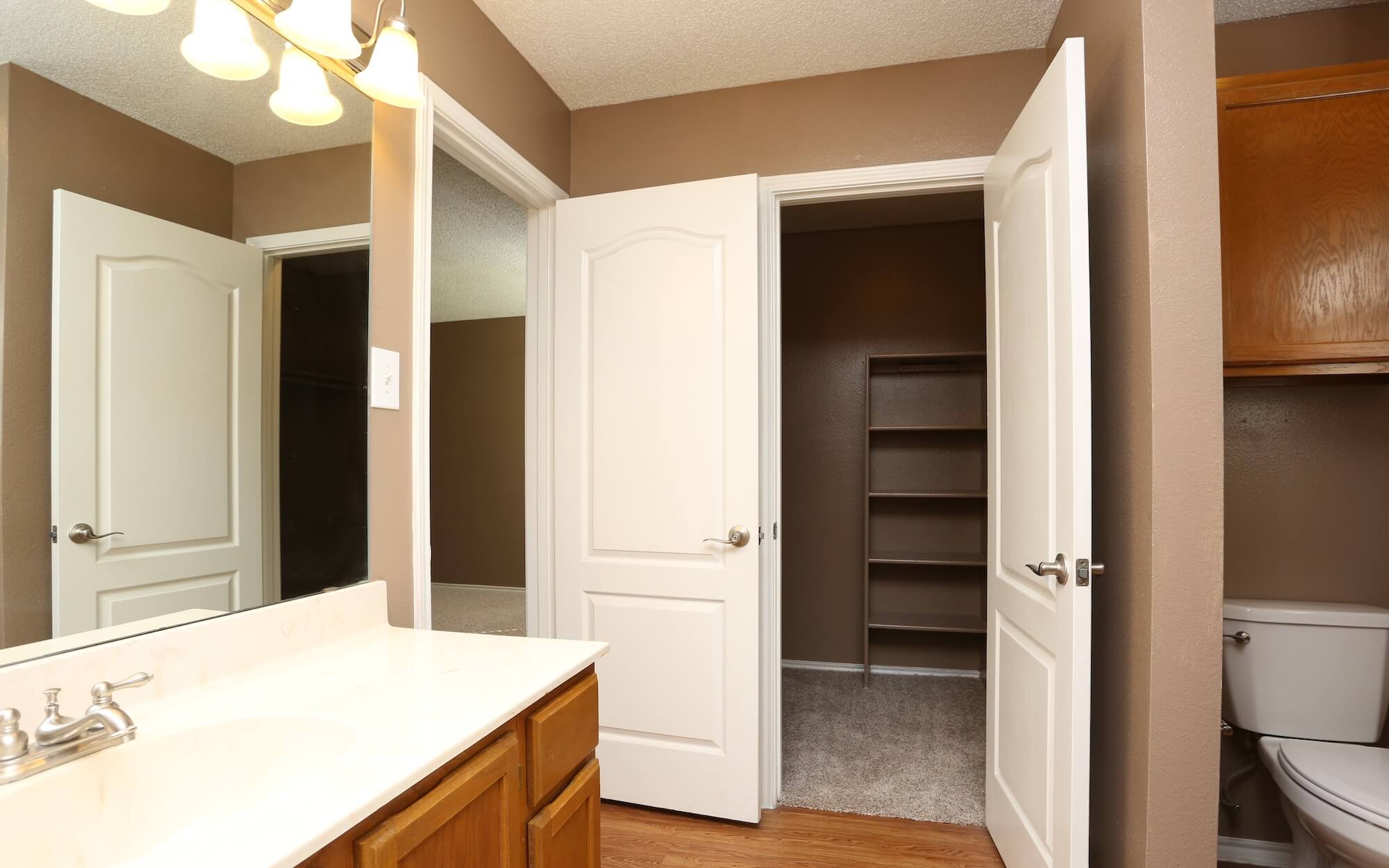 Master bathroom with large counter and walk-in closet and built-in storage.